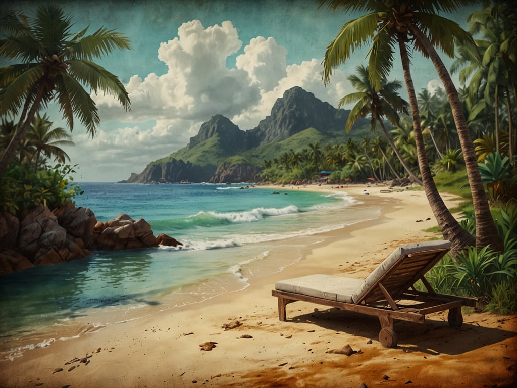Auf dem Bild ist eine wunderschöne Strandlandschaft zu sehen, die absolut urlaubsreif wirkt. Es gibt sanfte Wellen, die an den goldenen Sandstrand plätschern, umgeben von Palmen und einem malerischen Gebirgen im Hintergrund. Eine liegende Liege lädt zum Entspannen und Relaxen ein, während die tropische Atmosphäre perfekt für einen erholsamen Urlaub ist. Die gesamte Szene strahlt Ruhe und ein Gefühl von Paradies aus.