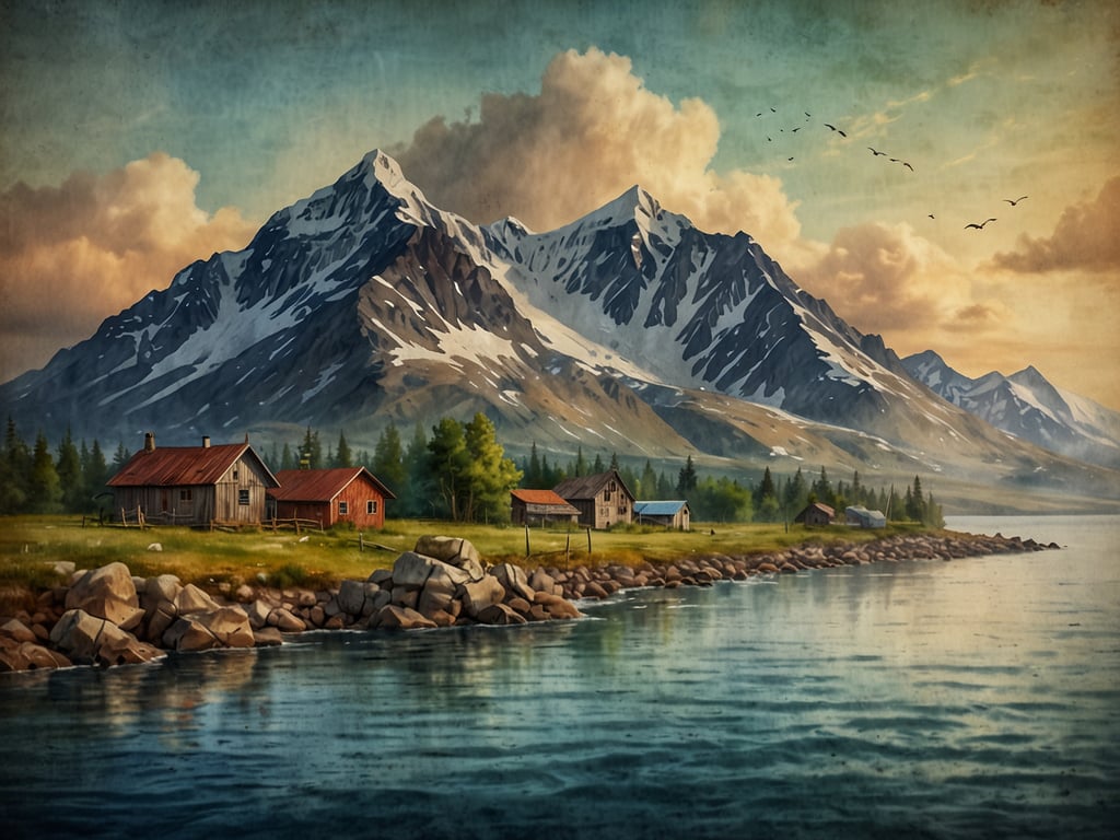 Auf dem Bild sind majestätische Berge und eine ruhige Küstenlandschaft zu sehen, die in der Atmosphäre von Ushuaia, der südlichsten Stadt der Welt, verankert ist. Die schneebedeckten Berge könnten die Kordilleren darstellen, die das Landschaftsbild der Region prägen. Die kleinen Holzhäuser deuten auf die traditionelle Architektur hin, die für die Region typisch ist, und erinnern an die historische Besiedlung.

Ushuaia ist nicht nur für seine atemberaubende Natur bekannt, sondern auch für seine Geschichte, die von indigenen Völkern wie den Yaghan und den Selk'nam geprägt wurde. Die Stadt entwickelte sich im 19. Jahrhundert zu einem strategischen Punkt für Walfänger und eine Strafkolonie. Heute ist sie ein beliebtes Ziel für Touristen, die die umliegenden Nationalparks und die Nähe zur Antarktis erkunden möchten. Die einzigartige Mischung aus Kultur, Geschichte und unberührter Natur macht Ushuaia zu einem faszinierenden Ort.