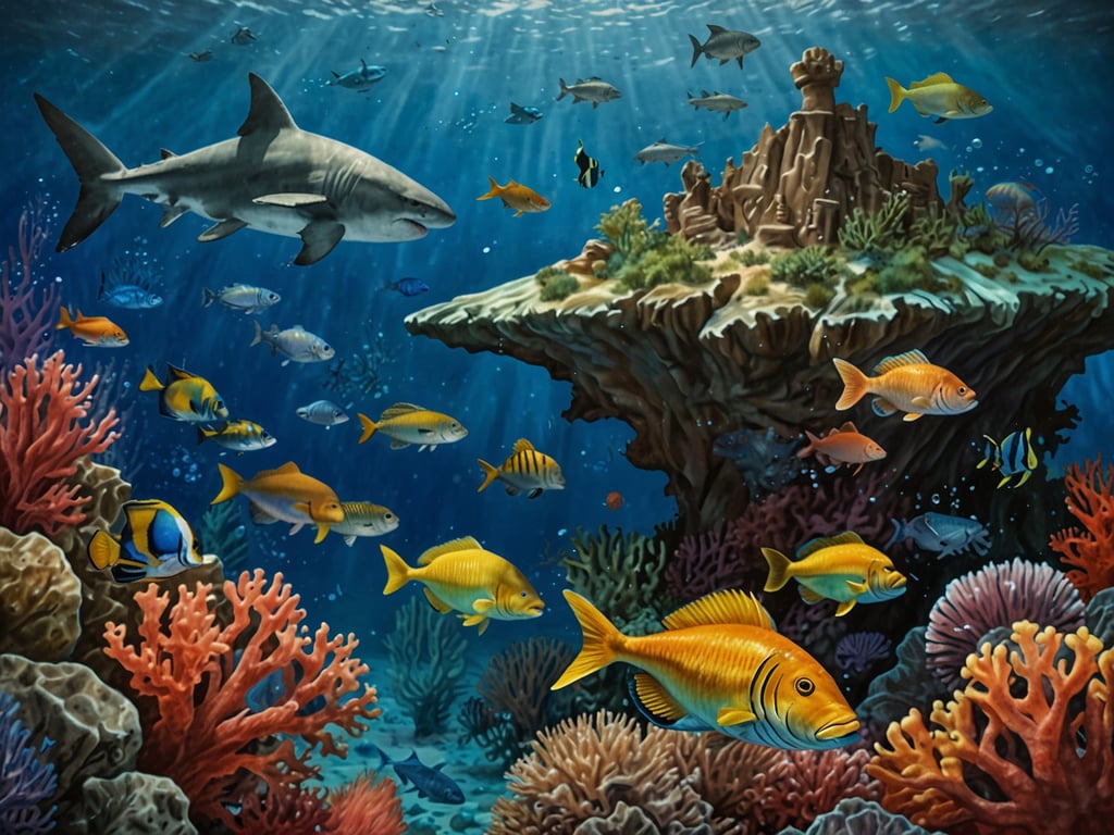 Auf dem Bild ist eine farbenfrohe Unterwasserwelt zu sehen, die mit verschiedenen Fischarten und Korallenriffen gefüllt ist. Diese Darstellung erinnert an die besten Tauchspots rund um Utila, einer der Bay Islands in Honduras, die für ihre vielfältigen marine Flora und Fauna bekannt sind. Zu den beliebten Tauchplätzen gehören der 