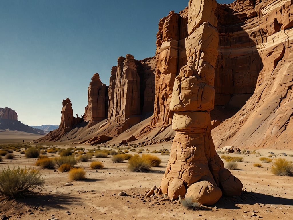 Auf dem Bild sind beeindruckende Felsformationen in einer wüstenartigen Landschaft zu sehen, die typisch für die Region Ischigualasto in Argentinien sind. Dieser geologische Park bietet nicht nur spektakuläre Landschaften, sondern ist auch ein wichtiger Standort für die Paläontologie, wo viele Fossilien von Dinosauriern gefunden wurden.

Die Ökologie des Ischigualasto ist geprägt von einer kargen Wüstenlandschaft mit spärlicher Vegetation, die hauptsächlich aus verschiedenen Sträuchern und Gräsern besteht, die an trockene Bedingungen angepasst sind. Die Tierwelt umfasst Arten, die in diesem extremen Klima überleben können, darunter Reptilien und verschiedene Vogelarten. Die Region bietet einen einzigartigen Lebensraum, der sowohl historische als auch biologische Bedeutung hat, und ist ein faszinierendes Beispiel für das Zusammenspiel von Geologie und Ökologie.