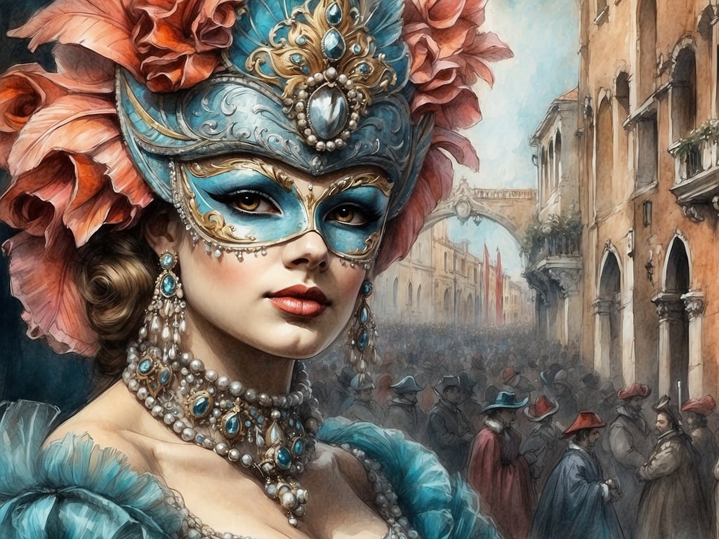 Auf dem Bild ist eine Frau mit einer kunstvoll gestalteten Maske zu sehen, die an den Karneval von Venedig erinnert. Sie trägt prächtige Schmuckstücke und eine farbenfrohe, elegante Kleidung. Im Hintergrund sind viele Menschen in Kostümen und Hüten versammelt, die eine festliche Atmosphäre schaffen. Die Architektur der venezianischen Gebäude und die Besonderheiten der Karnevalstradition sind deutlich zu erkennen.
