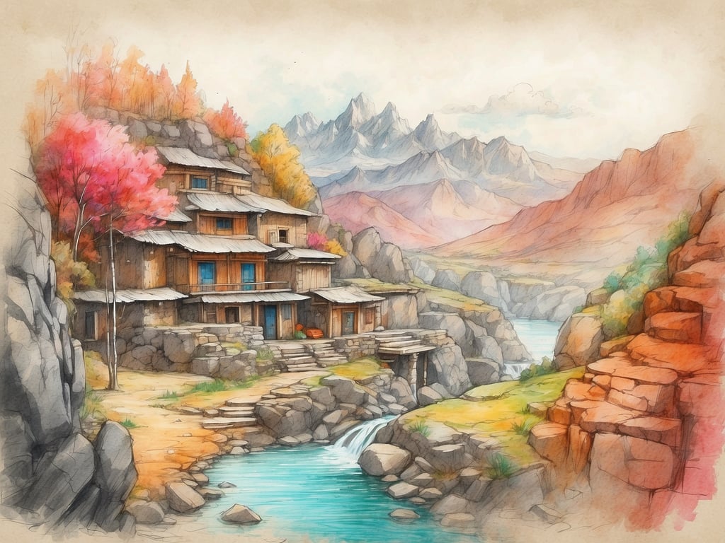 Auf dem Bild entfaltet sich eine malerische Landschaft, die vom sanften Fluss und den majestätischen Bergen umrahmt wird. Versteckte Schätze liegen in den warmen Holzhäusern, die sich harmonisch in die Natur einfügen und einen geheimen Rückzugsort darstellen. Die bunten Bäume in herbstlichen Farben verleihen dem Bild eine lebendige Atmosphäre, während die steinigen Ufer und die Wasserfälle das Gefühl von Geheimnis und Erkundung verstärken. Diese Ecke der Welt lädt dazu ein, die verborgenen Wunder der Natur und Architektur zu entdecken.