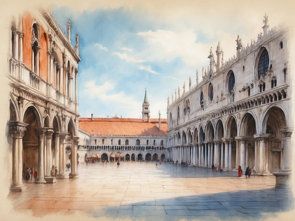 Auf dem Bild ist der prächtige Markusplatz mit dem Dogenpalast zu sehen. Die Architektur ist geprägt von eleganten Bögen und filigranen Details, umgeben von einem hellen, einladenden Himmel. Der Platz ist belebt mit Menschen, die das Geschehen genießen, und die majestätischen Gebäude strahlen eine geschichtsträchtige Atmosphäre aus.