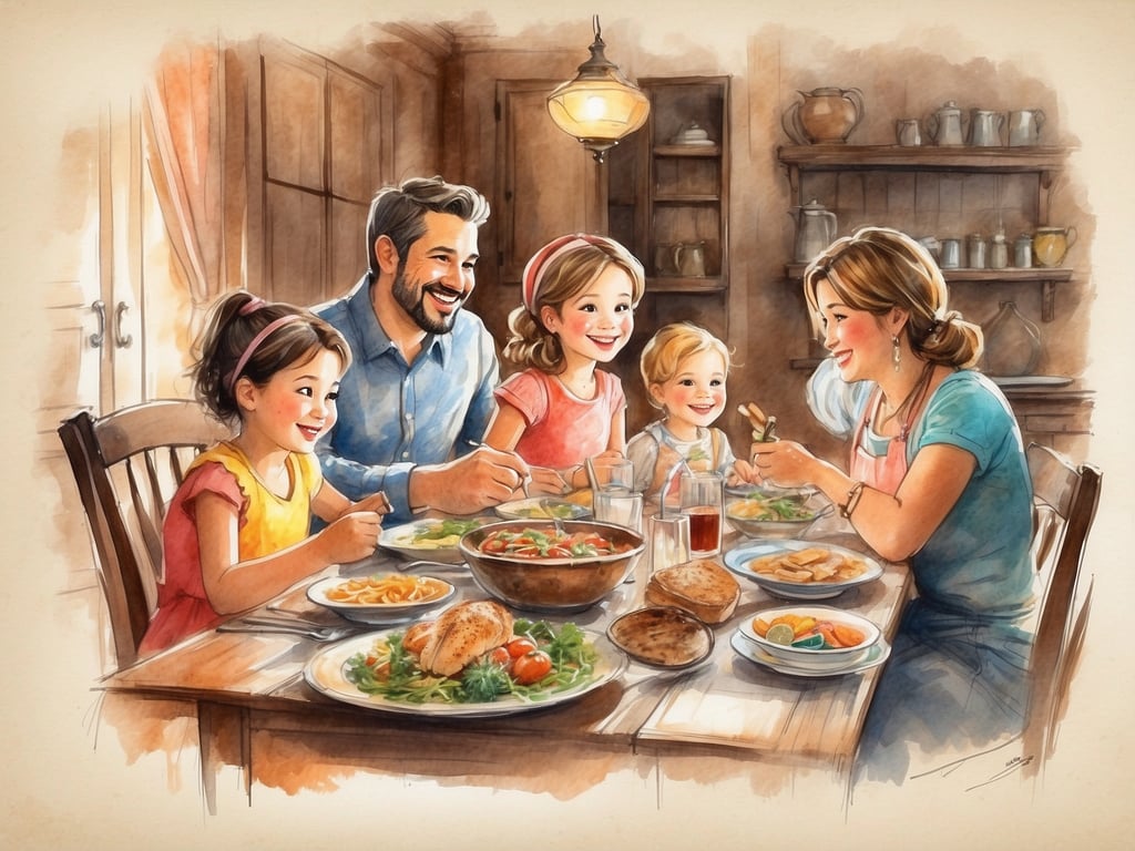 Auf dem Bild ist eine fröhliche Familienszene zu sehen, in der eine Familie gemeinsam am Tisch sitzt und eine Mahlzeit genießt. Es gibt verschiedene köstliche Gerichte, darunter einen bunten Salat, Pasta und Hähnchen. Die Kinder und die Eltern haben Freude am Zusammenessen und miteinander zu plaudern, was eine wunderbare Gelegenheit für kulinarische Erlebnisse für Groß und Klein darstellt. Die Atmosphäre ist warm und einladend, ideal für eine familiäre Zusammenkunft.