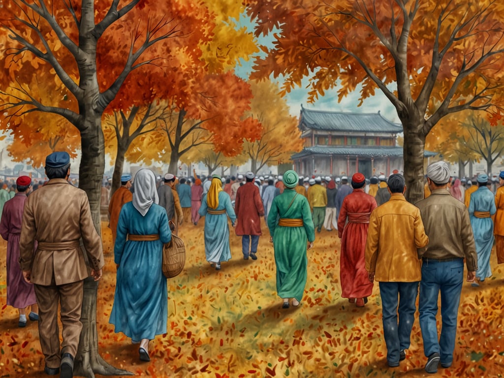Auf dem Bild sieht man eine Menschenmenge, die durch eine herbstliche Landschaft mit bunten, roten und orangefarbenen Blättern schlendert. Diese Szenerie könnte an kulturelle Feste im Herbst erinnern, wie zum Beispiel das Erntedankfest, wo Gemeinschaft und Dankbarkeit für die Ernte im Vordergrund stehen. 

In vielen Ländern gibt es im Herbst auch das Fest der Lichter oder verschiedene religiöse Feiern, die häufig mit Prozessionen oder Festlichkeiten verbunden sind. Die herbstlichen Farben symbolisieren oft den Wandel der Jahreszeiten und die Vorbereitung auf den Winter, was in verschiedenen Kulturen gefeiert wird. Das Bild vermittelt ein Gefühl von Gemeinschaft und Feierlichkeit, das typisch für viele Herbstfeste ist.