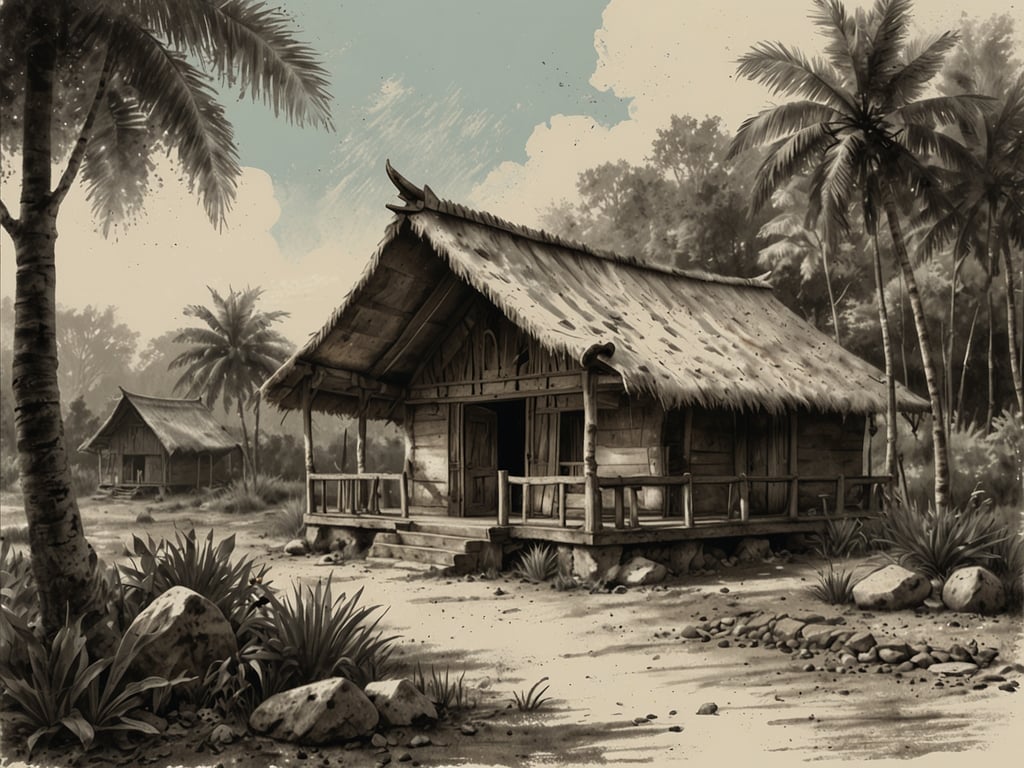 Auf dem Bild sind traditionelle, malerische Holzhäuser in einer tropischen Umgebung zu sehen, umgeben von Palmen und üppiger Vegetation. Solche Szenen könnten touristisch sehr ansprechend sein und das Interesse an einem authentischen, naturnahen Urlaub wecken. 

Aus wirtschaftlicher Perspektive könnte die Entwicklung von Ökotourismus in dieser Region von Bedeutung sein. Touristen suchen oft nach einzigartigen Erlebnissen, die mit der Natur und lokalem Leben verbunden sind. Die Schaffung von Unterkünften in harmonischem Einklang mit der Umgebung könnte lokale Arbeitsplätze schaffen und das Einkommen der Gemeinschaft steigern. Zudem könnten solche Ansätze den Erhalt kultureller Traditionen fördern und das Bewusstsein für nachhaltigen Tourismus stärken.