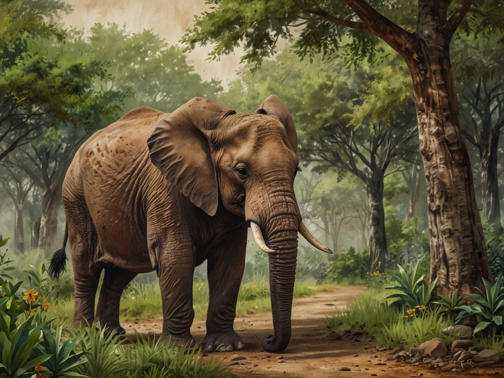 Auf dem Bild ist ein Elefant in einer natürlichen Umgebung zu sehen, umgeben von Bäumen und Pflanzen. Die Darstellung des Elefanten symbolisiert die wichtige Rolle dieser Tiere für das Ökosystem. 

In Bezug auf Nachhaltigkeit und Naturschutz in der Region ist der Elefant ein Schlüsseltier, das zur Biodiversität beiträgt, indem er Samen verbreitet und die Vegetation pflegt. Der Schutz von Elefanten und ihrem Lebensraum ist entscheidend für die Erhaltung der Biodiversität und der ökologischen Gleichgewichte. Maßnahmen zur Nachhaltigkeit, wie der Schutz der Wälder und die Bekämpfung von Wilderei, sind unerlässlich, um sicherzustellen, dass solche majestätischen Tiere auch in Zukunft in ihren natürlichen Lebensräumen leben können.