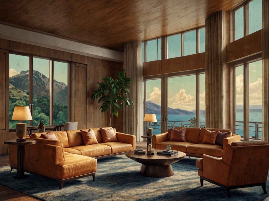 Auf dem Bild ist ein modern gestaltetes Wohnzimmer zu sehen. Es enthält ein Ledersofa in einem warmen Farbton, ergänzt durch Kissen und einen Sessel. Ein runder Holztisch steht in der Mitte des Raumes, auf dem einige dekorative Gegenstände liegen. Es gibt eine elegante Lampe auf einem kleinen Tisch, und große Fenster bieten einen weiten Blick auf eine hügelige Landschaft mit Bergen im Hintergrund und einem Wasserbereich. Der Raum hat eine gemütliche Atmosphäre, ergänzt durch einen großen Teppich und eine Pflanze in der Ecke.