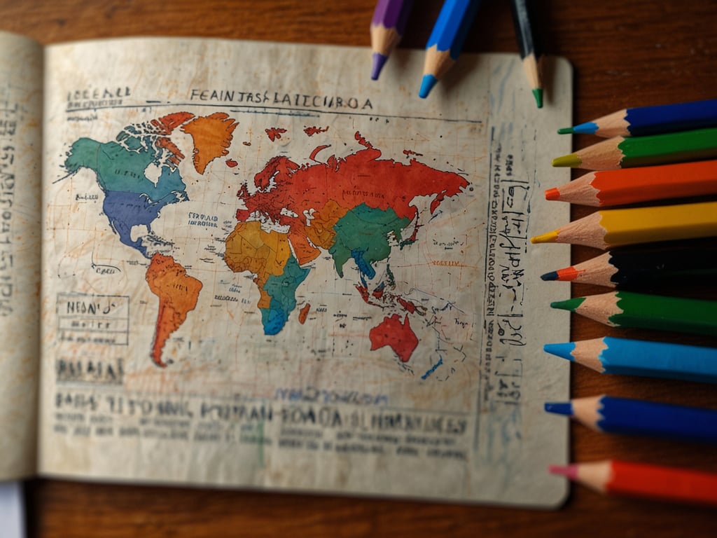 Auf dem Bild ist eine farbige Weltkarte zu sehen, die in einem offenen Buch dargestellt ist. Die Länder sind unterschiedlich eingefärbt, was die geografische Abgrenzung verdeutlicht. Neben der Karte liegen Buntstifte, die möglicherweise für weiteres Ausmalen oder Markieren verwendet werden können. 

Der Begriff 