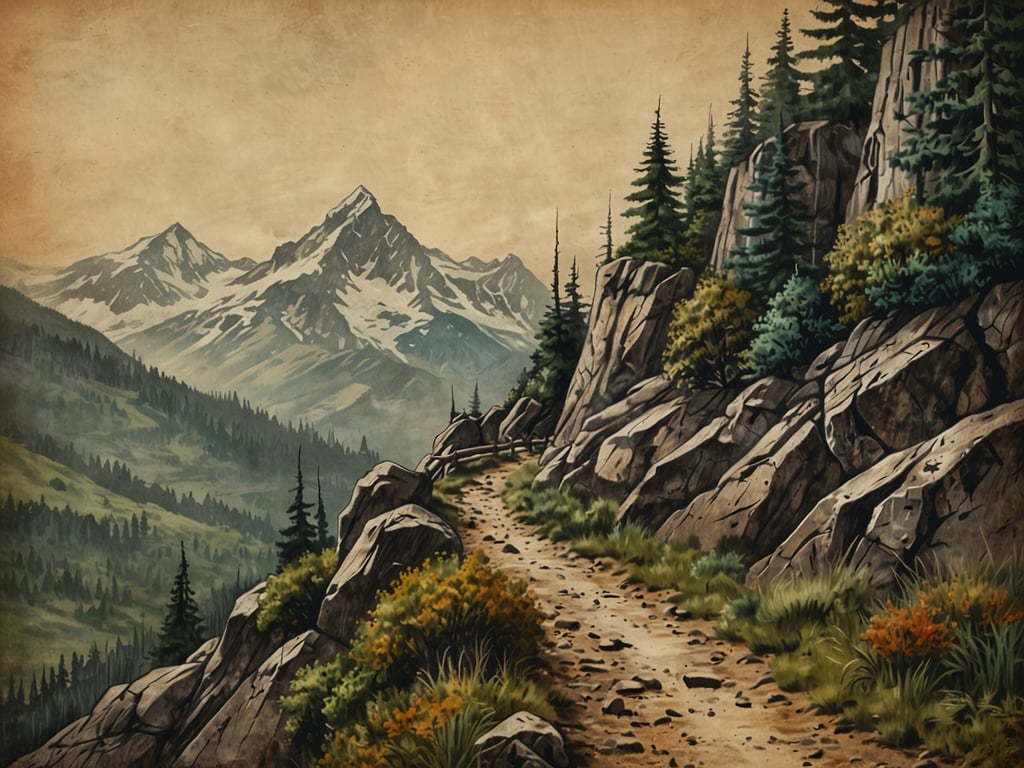 Auf dem Bild ist eine malerische Berglandschaft zu sehen. Ein Wanderweg schlängelt sich durch die Felsen, umgeben von Nadelbäumen und bunten Sträuchern. Im Hintergrund erheben sich majestätische Berge, deren Spitzen mit Schnee bedeckt sind. Die Atmosphäre wirkt ruhig und einladend, ideal für ein Abenteuer in der Natur. 

**Die Route zum Gipfel: Vorbereitet zum Abenteuer.** Hier könnte man sich auf eine spannende Wanderung vorbereiten, die sowohl Herausforderungen als auch atemberaubende Ausblicke verspricht.