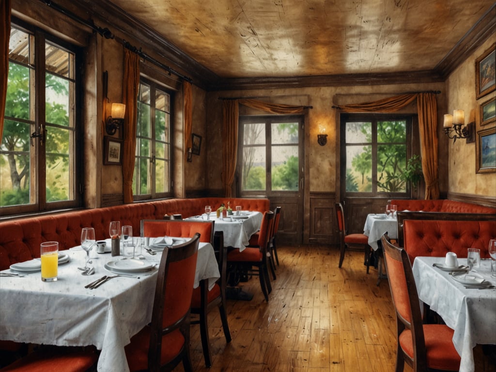 Auf dem Bild ist ein gemütliches Restaurant zu sehen. Die Tische sind mit weißen Tischdecken gedeckt, und es gibt rote gepolsterte Sitze. In der Mitte der Tische stehen Gläser und Geschirr, während an den Fenstern viel Tageslicht hereinfällt. Es scheint eine einladende Atmosphäre zu herrschen, die für eine Vollpension geeignet ist. So könnten Gäste hier sowohl frühstücken als auch zu Mittag und Abend essen.