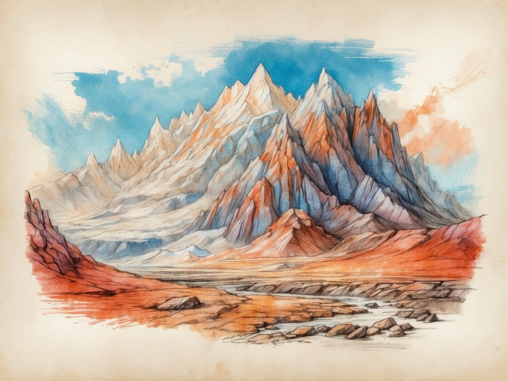 Auf dem Bild sind majestätische Berge und eine gebirgige Landschaft mit verschiedenen Farbtönen zu sehen. Im wissenschaftlichen Kontext bezieht sich 