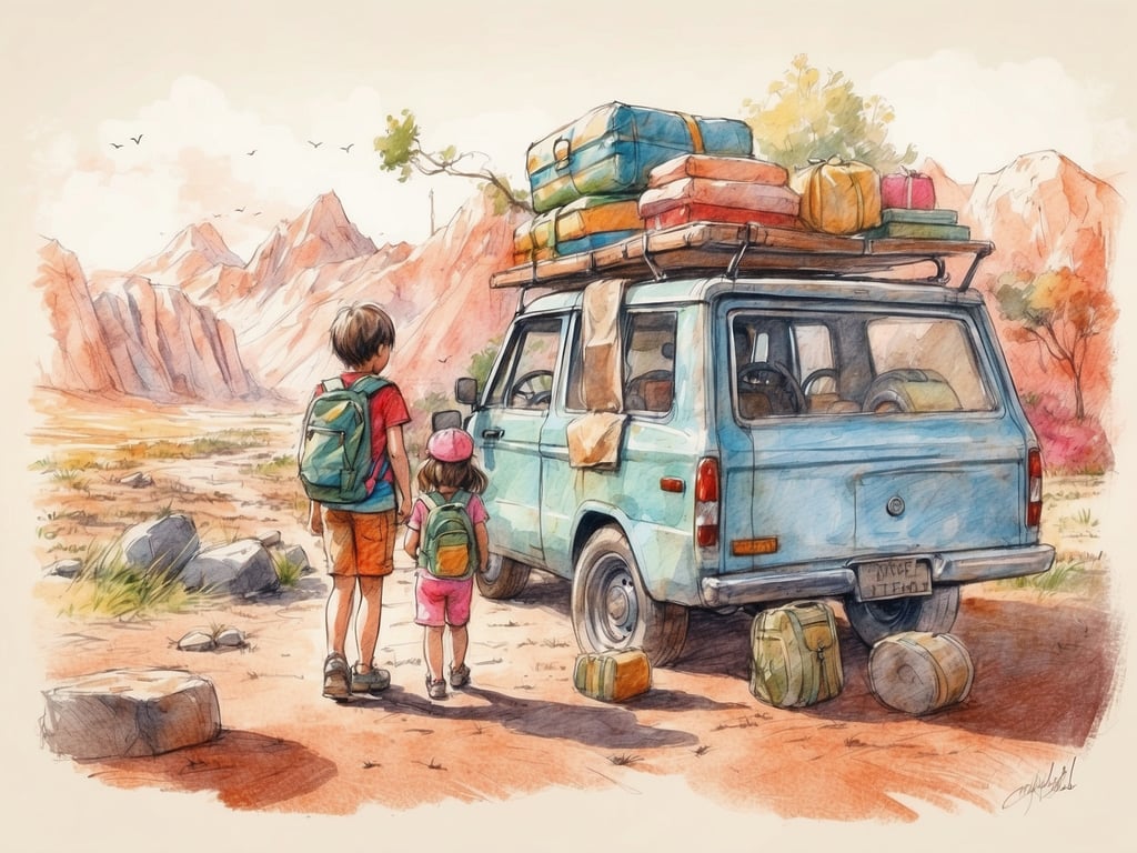 Auf dem Bild sind zwei Kinder zu sehen, die vor einem blauen Auto stehen, das mit Gepäck voll beladen ist. Diese Szenerie vermittelt ein Gefühl von Abenteuer und Erkundung. 

Aktivitäten und Angebote für Kinder könnten folgendes umfassen:

1. **Picknick im Freien**: Die Kinder könnten ein leckeres Picknick genießen und dabei verschiedene Snacks ausprobieren.
   
2. **Wanderungen**: Die Umgebung lädt zu spannenden Wanderungen ein, wo die Kinder die Natur erkunden und ein Gefühl für die Tier- und Pflanzenwelt entwickeln können.

3. **Zeltlager**: Eine Übernachtung im Zelt könnte ein aufregendes Erlebnis sein, bei dem die Kinder Geschichten erzählen und Sterne beobachten.

4. **Naturspiele**: Spiele wie „Schnitzeljagd“ oder „Naturbingo“ könnten die Entdeckung der Umgebung fördern und die Kinder zur aktiven Teilnahme anregen.

5. **Fotografie**: Die Kinder könnten mit einer Kamera oder einem Smartphone Fotos von der Landschaft und den Tieren machen, um ihre Erlebnisse festzuhalten.

Diese Aktivitäten fördern Kreativität, Teamarbeit und ein Bewusstsein für die Natur.