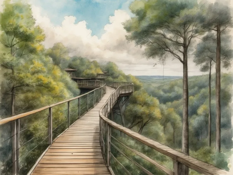 Illustration: Holzsteg führt durch dichtes Waldgebiet mit Aussichtsplattform in Baumkrone, umgeben von Fichten und grünem Laub.