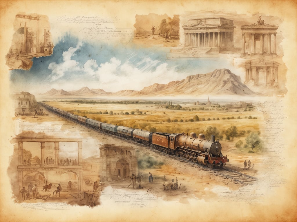 Auf dem Bild ist eine malerische Szene zu sehen, die eine Dampflok zeigt, die durch eine weite, offene Landschaft fährt. Um die zentrale Lokomotive sind verschiedene historische und kulturelle Highlights abgebildet. 

Im Hintergrund sieht man majestätische Berge, die eine Verbindung zu historischen Handelsrouten symbolisieren könnten. Diese Routen waren oft Wegbereiter für den Austausch von Ideen und Waren in der Vergangenheit. Die Dampflok repräsentiert den Fortschritt und die Industrialisierung des 19. Jahrhunderts, die Mobilität und Handel revolutioniert hat.

In den Ecken des Bildes sind skizzierte Bauwerke und Szenen aus der Antike zu sehen, darunter Tempel und Tore – vielleicht Anspielungen auf bedeutende architektonische Meisterwerke, die historische Pfade der Zivilisation reflektieren. Diese Bauwerke könnten symbolisch für die Errungenschaften der jeweiligen Kulturen stehen, die im Laufe der Geschichte miteinander verwoben waren. 

Insgesamt vermittelt das Bild eine Vielzahl von historischen Bezugnahmen und feiert die Verbindungen zwischen Kultur und Fortschritt in der Menschheitsgeschichte.