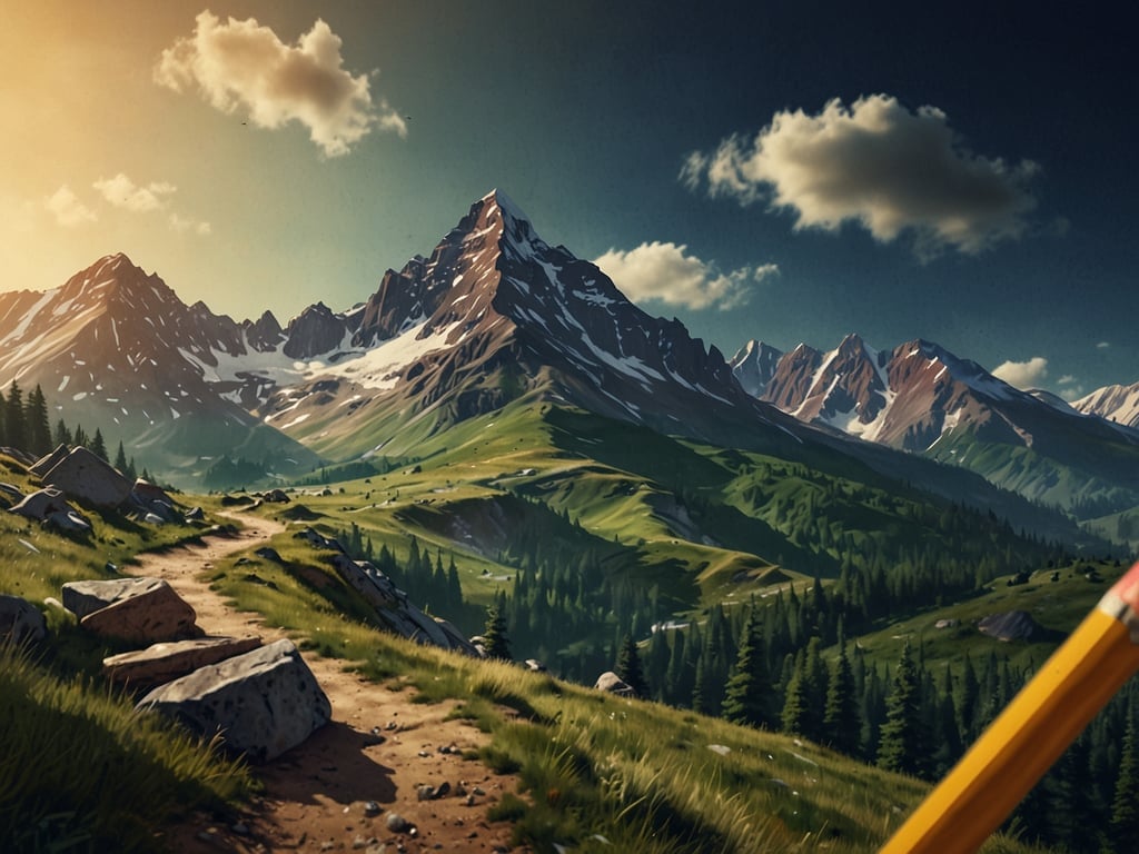 Auf dem Bild ist eine wunderschöne Landschaft mit hohen Bergen, grünen Wiesen und einem Wanderweg zu sehen. Die Sonne scheint auf die Szenerie und es gibt einige Wolken am Himmel. Dies könnte ein perfekter Ort zum Wandern sein, um die Natur zu genießen und die beeindruckende Aussicht zu erleben.