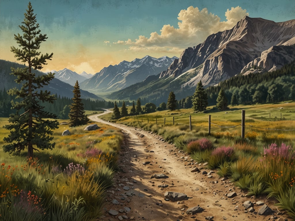 Auf dem Bild ist eine malerische Landschaft zu sehen, die ideal für eine Wanderreise ist. Ein kurvenreicher Wanderweg schlängelt sich durch eine grüne Wiese, die mit bunten Blumen geschmückt ist. Im Hintergrund erheben sich majestätische Berge unter einem klaren Himmel. Diese Umgebung lädt dazu ein, die Natur zu erkunden und die frische Luft während einer Wanderung zu genießen.