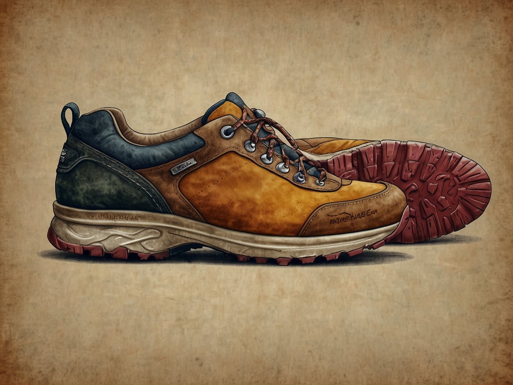 Auf dem Bild sind Wanderschuhe zu sehen. Sie haben eine Kombination aus braunem, orangefarbenem und grünem Material. Die Sohle ist rutschfest und an die Anforderungen des Wanderns angepasst.