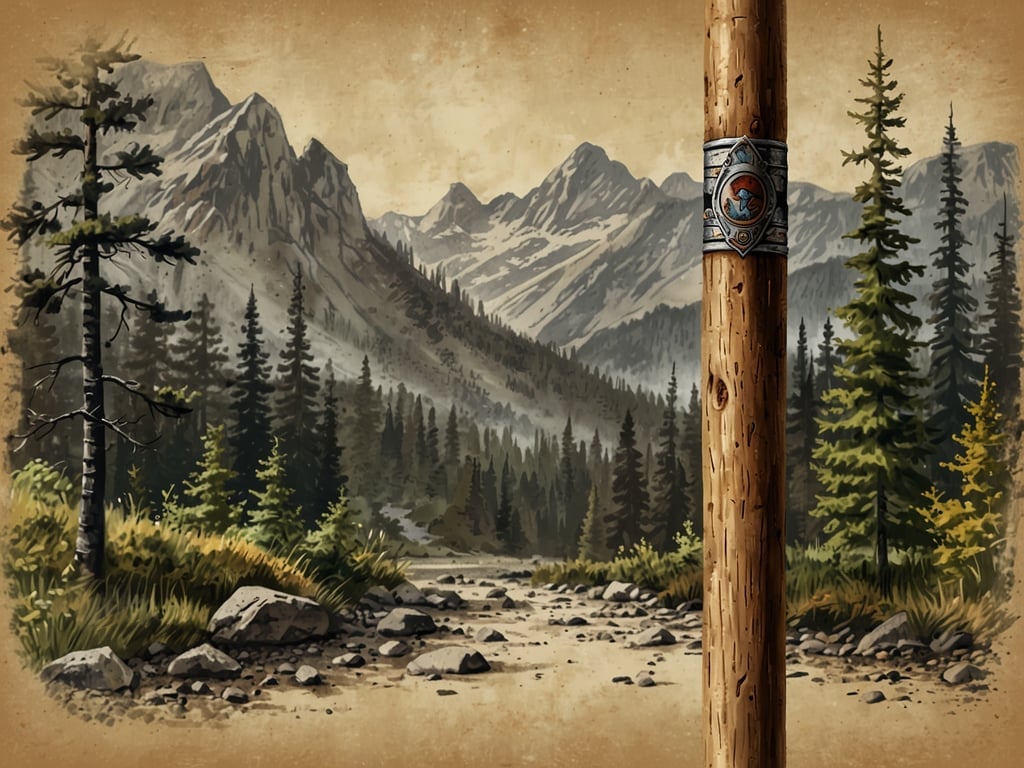 Auf dem Bild ist eine Landschaft mit Bergen im Hintergrund zu sehen, umgeben von vielen Bäumen. Im Vordergrund steht ein Wanderstock, der scheinbar mit einem dekorativen Element versehen ist. Die gesamte Szenerie vermittelt eine natürliche und beruhigende Atmosphäre, ideal für Wanderungen in der Natur.