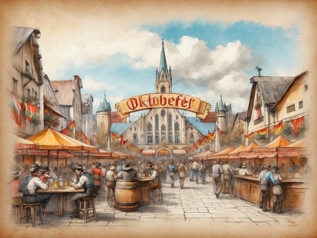 Auf dem Bild ist eine festliche Szene mit einem Markt oder einer Straße zu sehen, die zum Oktoberfest in München einlädt. Über der Szenerie hängt ein Banner mit dem Wort „Oktoberfest“. Die Atmosphäre scheint lebhaft zu sein, mit vielen Menschen, die sich um Stände versammeln und Bier trinken. 

Das Oktoberfest in München findet traditionell von Mitte September bis Anfang Oktober statt. Im Jahr 2023 beginnt es am 16. September und endet am 3. Oktober.