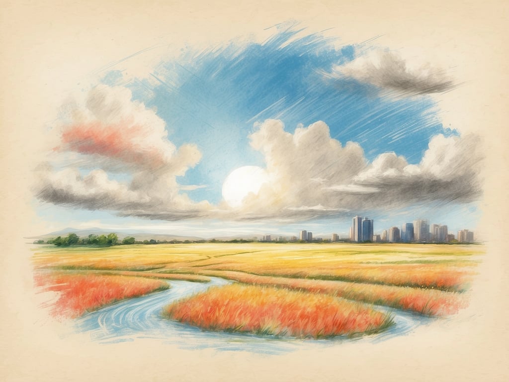 Auf dem Bild ist eine malerische Landschaft zu sehen, die grüne und orangefarbene Felder sowie einen Fluss zeigt, der durch die Landschaft fließt. Im Hintergrund sind einige Wolken und ein Stadtbild zu erkennen.

Die beste Reisezeit für die Kapverden ist normalerweise von November bis Juni. In dieser Zeit ist das Wetter trocken und die Temperaturen angenehm.