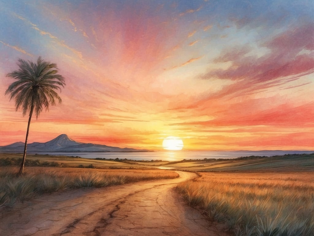Auf dem Bild ist eine malerische Landschaft mit einem Sonnenuntergang zu sehen. Die Farben des Himmels sind warm und leuchtend, mit Orangetönen und Schattierungen von Blau. Im Vordergrund gibt es eine geschwungene Straße und eine Palme, während im Hintergrund Berge und Wasser sichtbar sind. 

Wann ist heute Sonnenuntergang?