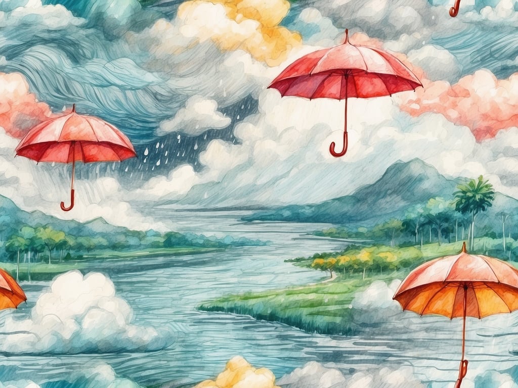 Auf dem Bild sind rote Regenschirme zu sehen, die über einer malerischen Landschaft mit Fluss, Bäumen und Wolken schweben. Der Himmel wirkt bewölkt, und es scheint, als würde es regnen. 

Die Regenzeit auf den Malediven ist in der Regel von Mai bis Oktober, wobei die intensivsten Regenfälle oft in den Monaten Juni und August auftreten.