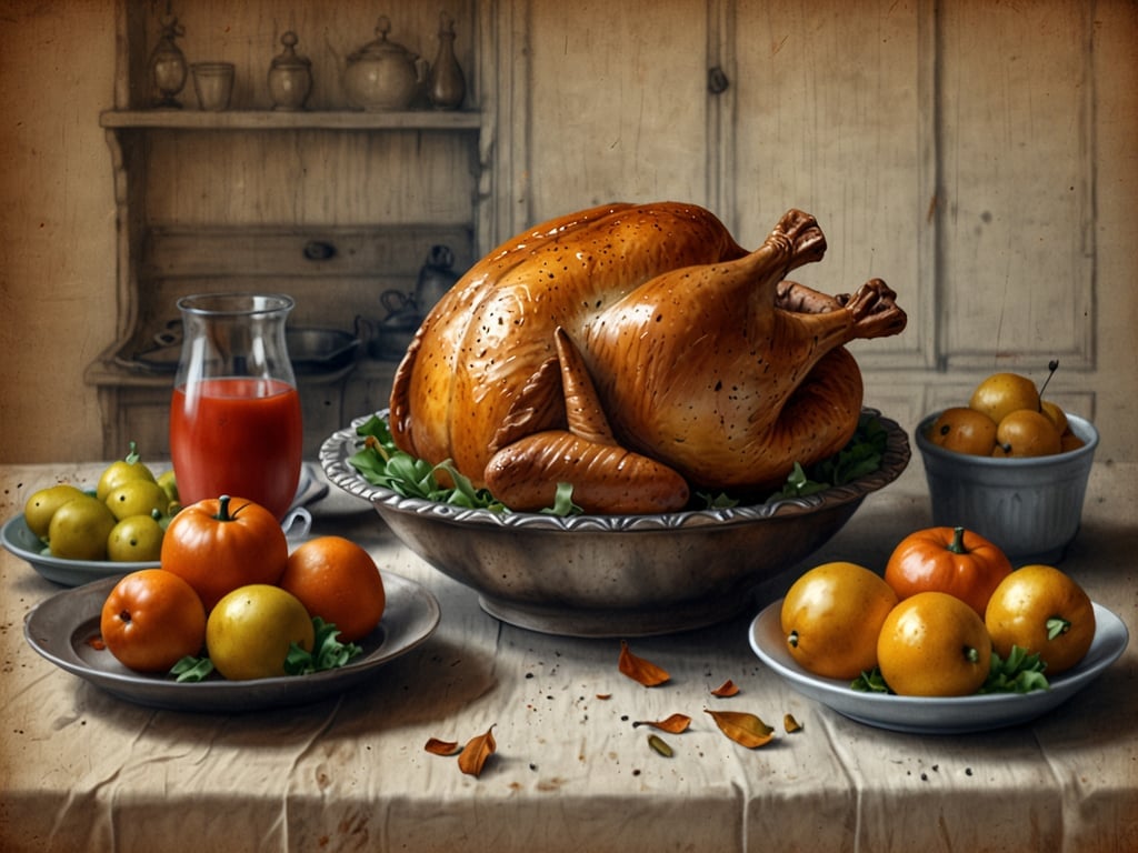 Auf dem Bild sind ein gebratener Truthahn, verschiedene Früchte wie Orangen und Äpfel sowie ein Glas mit einer roten Flüssigkeit zu sehen. Diese Arrangement erinnert an traditionelle Thanksgiving-Mahlzeiten in den USA. 

Thanksgiving in den USA wird am vierten Donnerstag im November gefeiert.