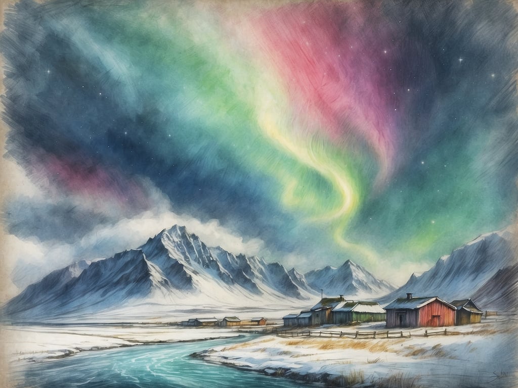 Auf dem Bild sind majestätische Berge, ein Fluss und einige kleine, farbige Hütten in einer winterlichen Landschaft zu sehen. Der spektakuläre Himmel darüber ist von lebendigen Polarlichtern in verschiedenen Farben, hauptsächlich Grün und Rosa, erleuchtet.

**Wann kann man in Island die Polarlichter sehen?** In Island sind die Polarlichter vor allem in den Monaten von September bis April sichtbar, wenn die Nächte lang und dunkel sind. Besonders gute Sichtmöglichkeiten gibt es bei klarem Himmel und abseits von künstlichem Licht.