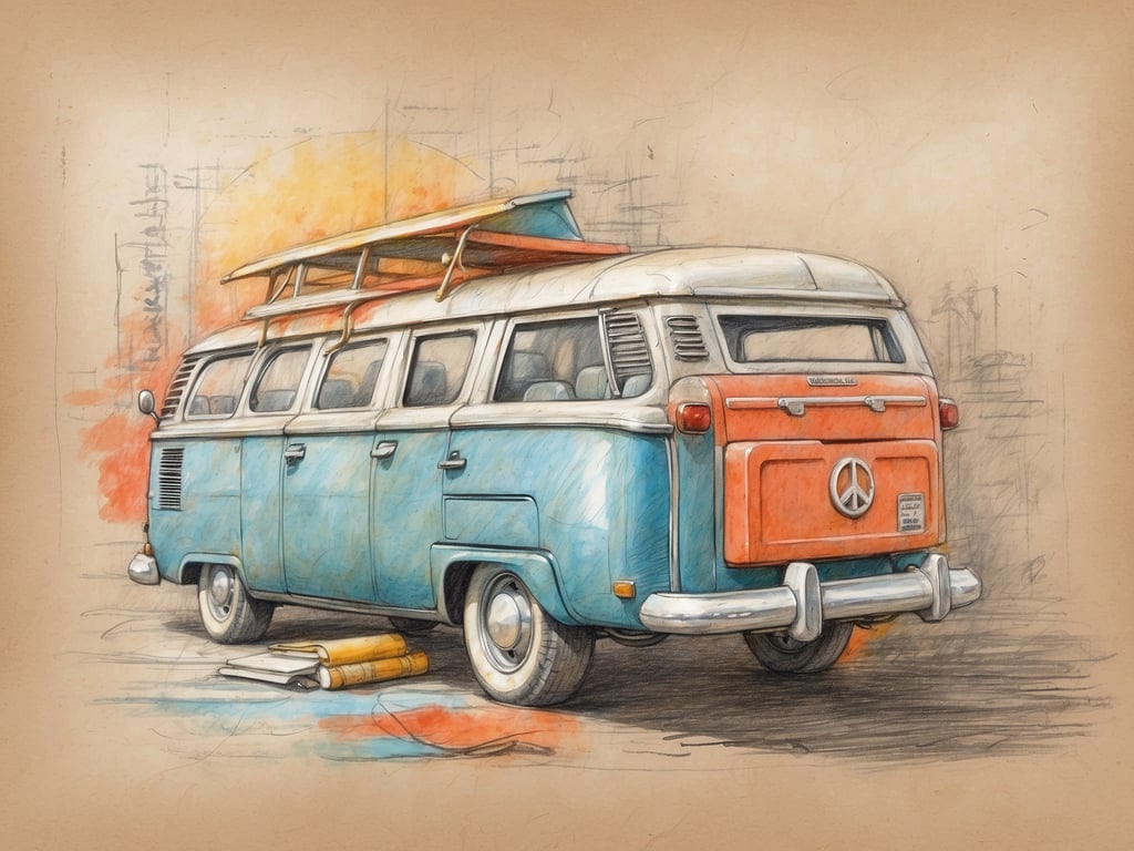 Auf dem Bild ist ein alter Volkswagen Bus zu sehen, der in sanften Farben skizziert ist. Der Bus hat eine Surfbretthalterung und steht in einem entspannten, wahrscheinlich strandnahen Umfeld. 

**Wann lohnt sich eine Reiserücktrittsversicherung?** Eine Reiserücktrittsversicherung ist sinnvoll, wenn du eine Reise buchst, bei der unerwartete Ereignisse eintreten könnten, wie Krankheit, Unfall oder eine dringende persönliche Angelegenheit. Besonders bei teureren Reisen, die schwer zu stornieren sind, kann die Versicherung finanziellen Schutz bieten.