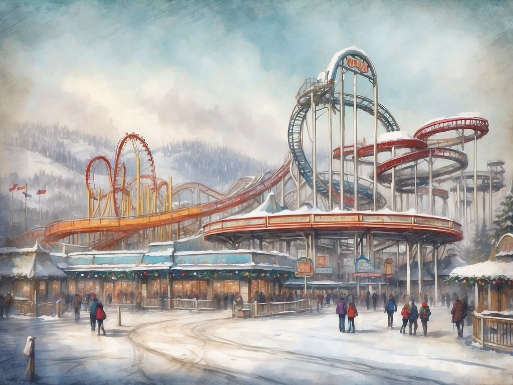 Auf dem Bild ist ein Freizeitpark im Winter zu sehen, mit verschneiten Attraktionen und Besuchern, die durch die winterliche Kulisse schlendern. Freizeitparks schließen üblicherweise zum Winter, oft zwischen November und März, je nach Region und klimatischen Bedingungen.