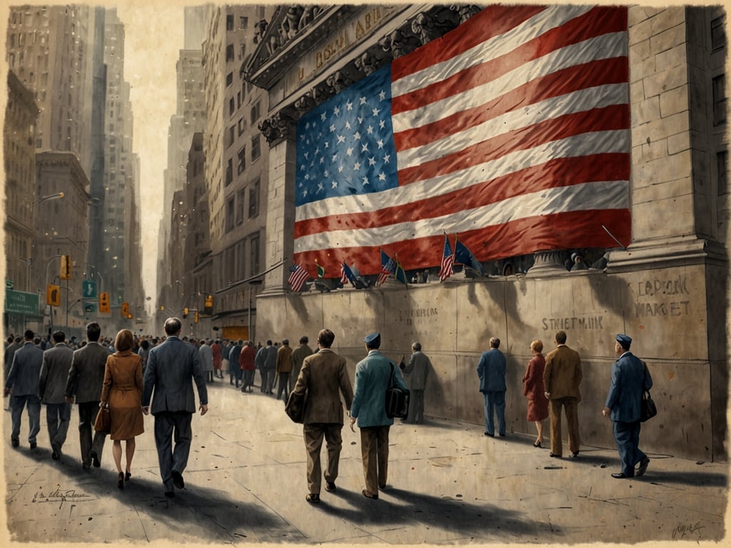 Auf dem Bild ist eine belebte Straßenszene an der Wall Street in New York City zu sehen. Viele Menschen gehen in Anzug und Kleider, einige schauen in Richtung der großen amerikanischen Flagge, die an einem Gebäude hängt. 

Die Börse in den USA, konkret die New Yorker Börse, schließt normalerweise um 16:00 Uhr Eastern Time (ET) an regulären Handelstagen.