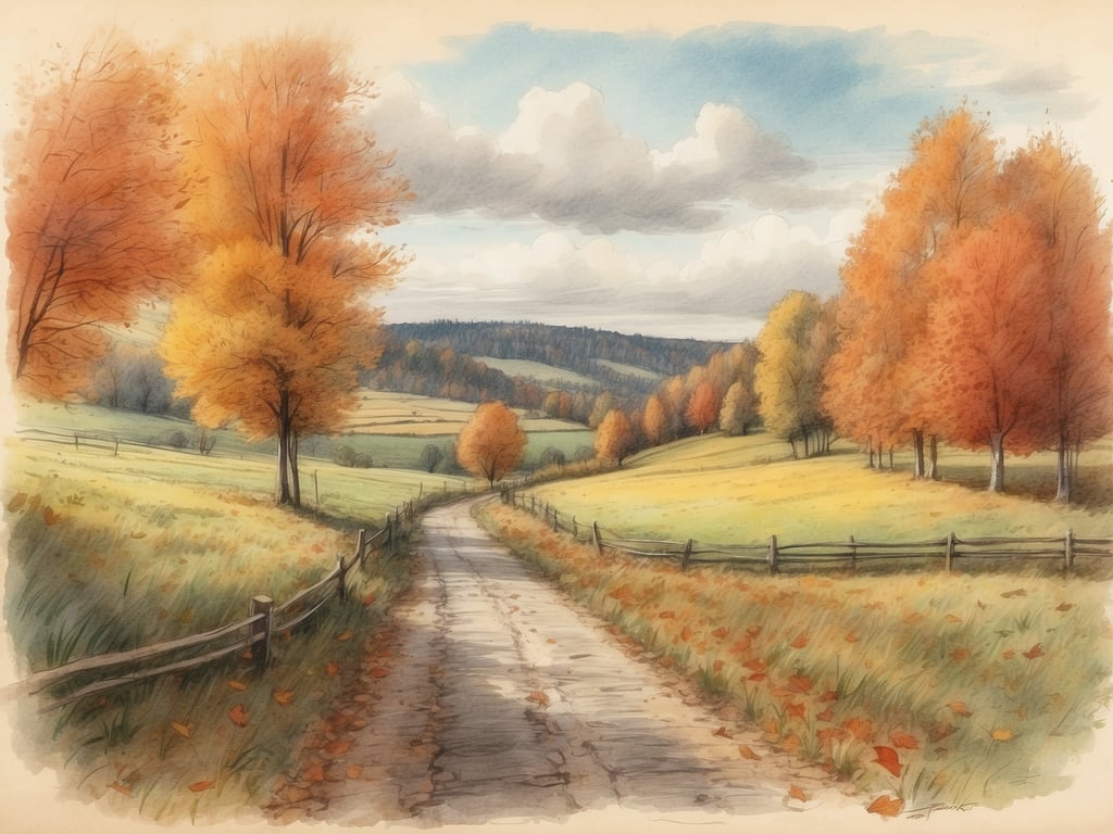Auf dem Bild ist eine herbstliche Landschaft zu sehen. Es gibt bunte Bäume mit roten, orangen und gelben Blättern, die die typischen Farben des Herbstes darstellen. Ein unbefestigter Weg schlängelt sich durch die Landschaft, und im Hintergrund sind sanfte Hügel und ein bewölkter Himmel sichtbar. Die Szenerie strahlt eine ruhige und friedliche Atmosphäre aus.

Die Herbstferien im Saarland 2024 sind vom 14. Oktober bis zum 26. Oktober.