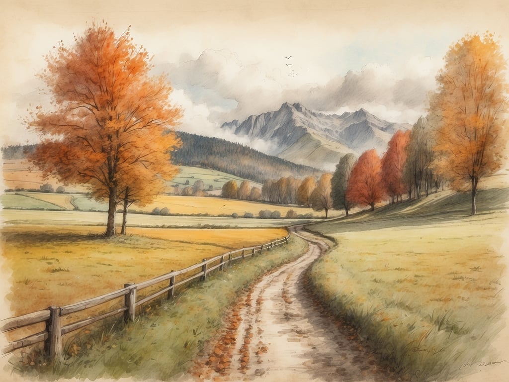 Auf dem Bild ist eine malerische Herbstlandschaft zu sehen. Es zeigt einen kurvigen Weg, der durch ein Feld führt, umgeben von Bäumen mit buntem Laub in warmen Herbsttönen. Im Hintergrund sind sanfte Hügel und Berge sowie ein bewölkter Himmel zu erkennen.

Die Herbstferien in Baden-Württemberg 2025 sind vom 27. Oktober bis zum 4. November.