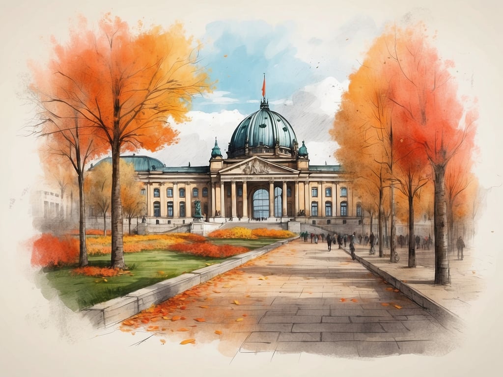 Auf dem Bild sind herbstliche Bäume mit buntem Laub zu sehen, die einen Weg um ein historisches Gebäude flankieren. Im Hintergrund steht eine beeindruckende Architektur mit einer großen Kuppel. Die Szenerie vermittelt eine ruhige, herbstliche Atmosphäre.

Die Herbstferien in Berlin 2024 sind vom 30. September bis zum 11. Oktober 2024.
