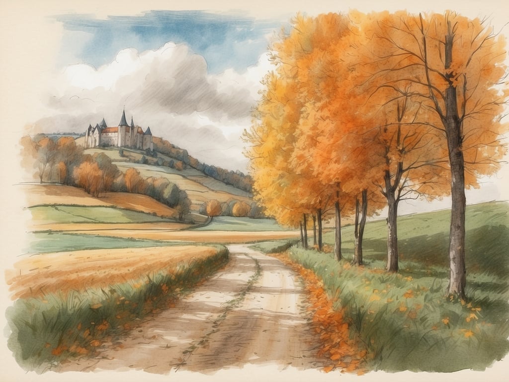 Auf dem Bild ist eine herbstliche Landschaft zu sehen. Ein Weg führt durch eine sanfte Hügellandschaft, gesäumt von Bäumen mit orangefarbenem Laub. Im Hintergrund erhebt sich ein Schloss oder eine Burg auf einem Hügel, und die Wolken am Himmel verleihen dem Bild eine malerische Atmosphäre.

Die Herbstferien in Hessen 2024 sind vom 7. Oktober bis 18. Oktober.