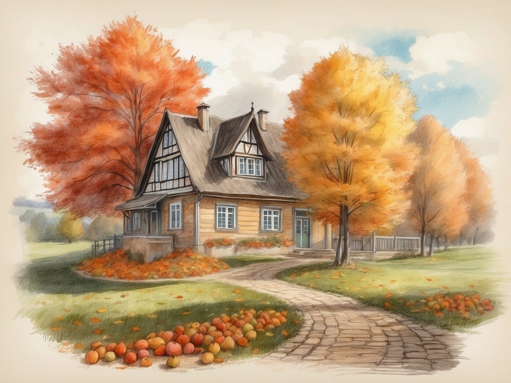 Auf dem Bild ist ein malerisches Haus in einer herbstlichen Landschaft zu sehen. Um das Haus stehen Bäume mit bunten Blättern in warmen Farben wie Rot und Gelb. Der Garten ist mit Herbstlaub und einigen Kürbissen dekoriert, und der Himmel ist leicht bewölkt.

Die Herbstferien in Niedersachsen 2024 sind vom 7. Oktober bis zum 19. Oktober 2024.