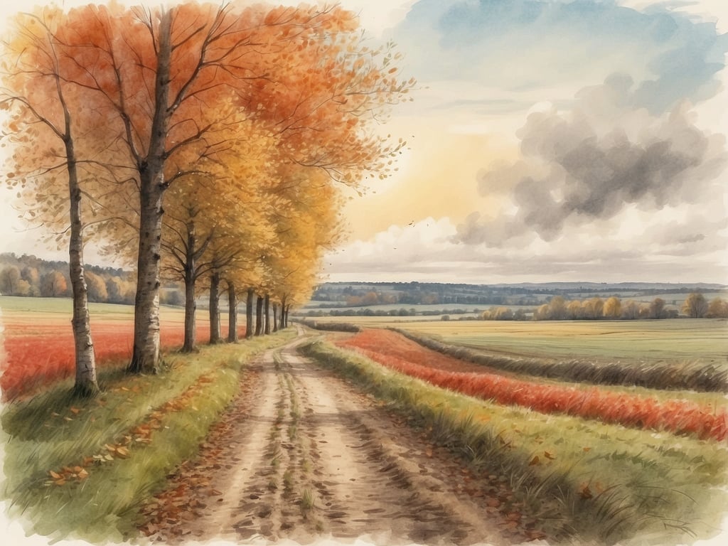 Auf dem Bild ist eine ländliche Szene zu sehen, die von herbstlichen Bäumen gesäumt ist. Der Weg führt durch bunt gefärbte Felder, die in warmen Herbsttönen leuchten, und die Landschaft wird von einem bewölkten Himmel überzogen.

Die Herbstferien in Nordrhein-Westfalen 2024 sind vom 14. bis 26. Oktober 2024.