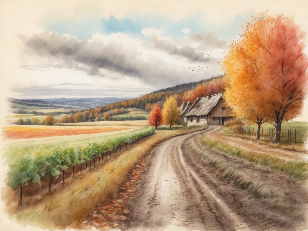 Auf dem Bild ist eine herbstliche Landschaft mit bunten Bäumen zu sehen. Es gibt einen Kiesweg, der an einer Reihe von Weinreben entlangführt, sowie einige traditionelle Gebäude im Hintergrund. Die Farbpalette zeigt warme Herbsttöne wie Rot, Orange und Gelb.

Die Herbstferien in Rheinland-Pfalz 2024 sind vom 7. bis 19. Oktober 2024.
