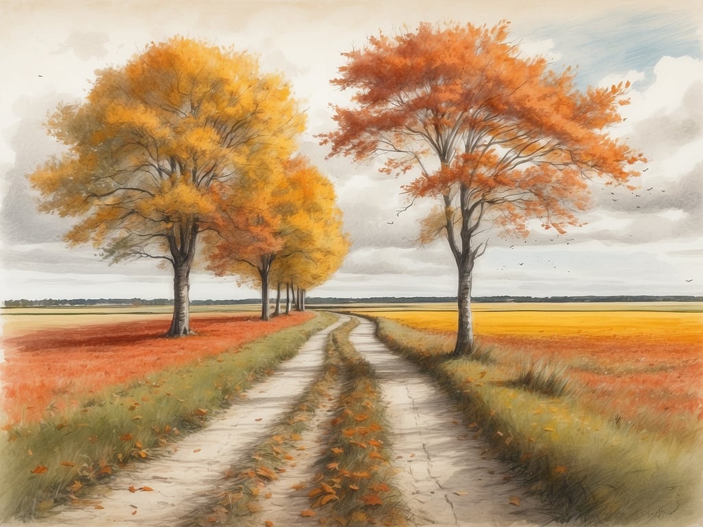 Auf dem Bild sind Bäume mit herbstlichen Farben und einem geschwungenen Weg zu sehen, der durch eine Landschaft mit Feldern führt. Die Blätter der Bäume sind in verschiedenen Gelb- und Orangetönen gefärbt, was typisch für die Herbstsaison ist.

Die Herbstferien in Schleswig-Holstein 2024 sind vom 14. Oktober bis zum 28. Oktober.
