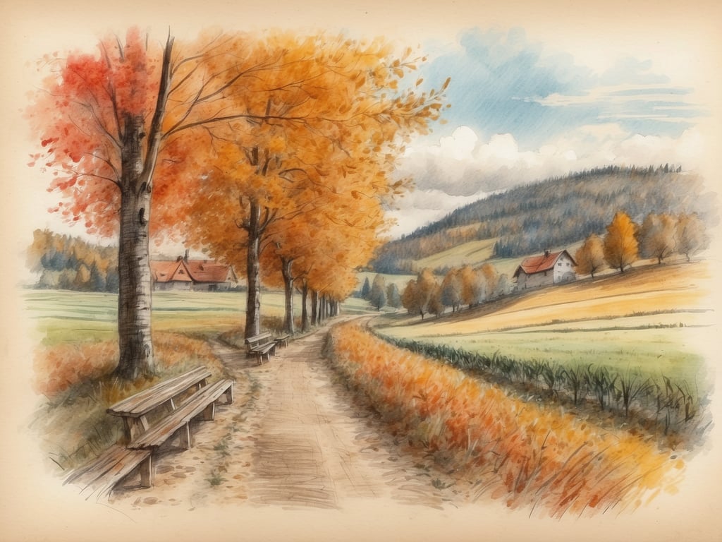 Auf dem Bild ist eine malerische herbstliche Landschaft zu sehen, mit bunten Bäumen in warmen Orangetönen und einem Weg, der durch die Natur führt. An den Seiten des Weges stehen Holzbanken, und im Hintergrund sind einige Häuser sowie sanfte Hügel erkennbar.

Die Herbstferien in Thüringen 2024 sind vom 14. Oktober bis zum 27. Oktober.