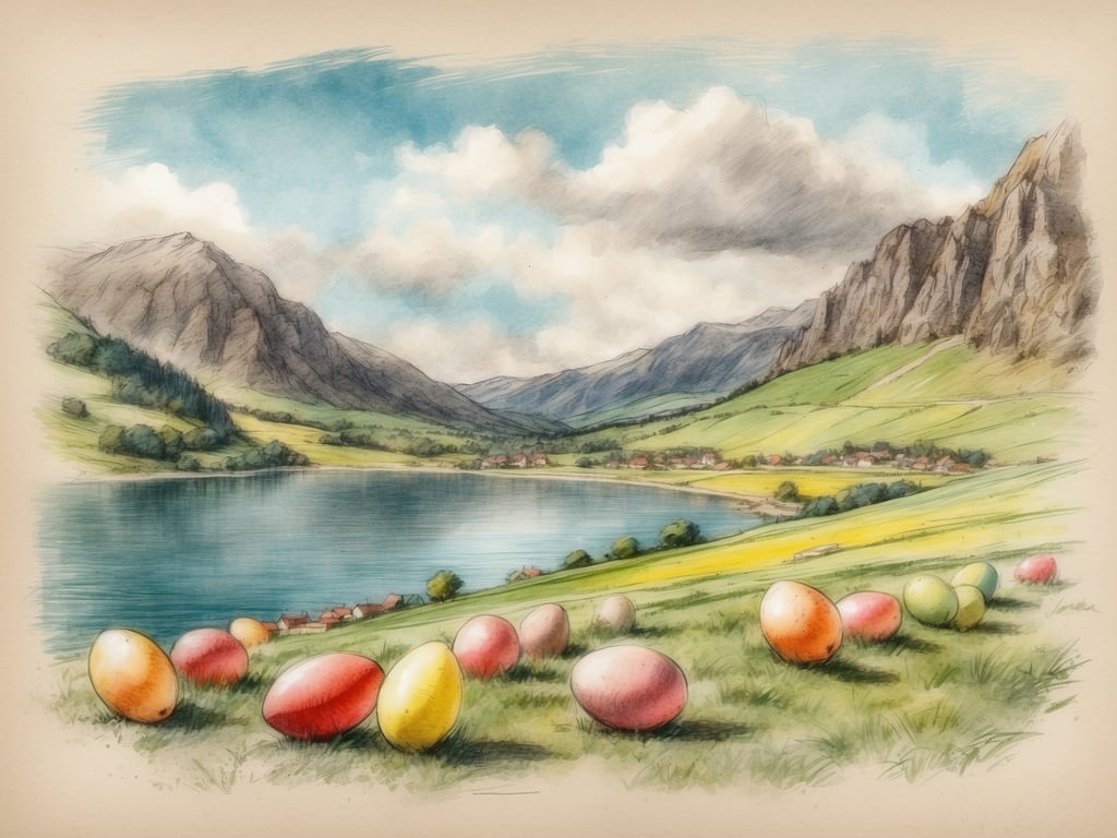 Auf dem Bild sind farbige Ostereier auf einer Wiese zu sehen, die sich am Ufer eines Gewässers befindet, umgeben von einer malerischen Landschaft mit Bergen im Hintergrund. Die Szenerie wirkt fröhlich und festlich, was auf das Thema Ostern hinweist.

Die Osterferien in Baden-Württemberg 2024 sind vom 25. März bis 7. April.