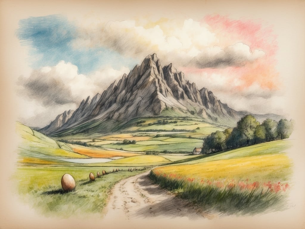 Auf dem Bild ist eine malerische Landschaft mit Bergen im Hintergrund und einer Wiese im Vordergrund zu sehen. Es gibt einen schmalen Weg, der durch die Wiese führt, und einige große Eier sind im Gras verteilt. Die Szenerie scheint eine friedliche und idyllische Atmosphäre zu vermitteln, mit einem Himmel, der teils bewölkt und teils farbig ist.

Die Osterferien in Baden-Württemberg beginnen 2025 am 14. April und enden am 26. April.