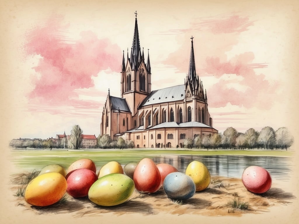 Auf dem Bild ist eine malerische Darstellung einer Kirche mit zwei hohen Türmen zu sehen, vor der sich ein Gewässer befindet. Im Vordergrund liegen bunte Ostereier auf dem Boden, was auf die bevorstehenden Osterferien hinweist.

Die Osterferien in Brandenburg 2024 sind von Montag, dem 25. März bis Samstag, dem 6. April 2024.
