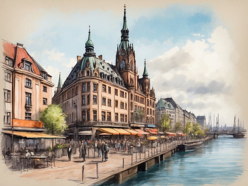 Auf dem Bild ist eine malerische Hafenansicht mit historischen Gebäuden zu sehen, die an einer Uferpromenade stehen. Menschen sitzen an Tischen im Freien und genießen die Atmosphäre, während Boote im Wasser liegen. 

Die Osterferien in Hamburg 2024 sind vom 18. März bis zum 30. März.