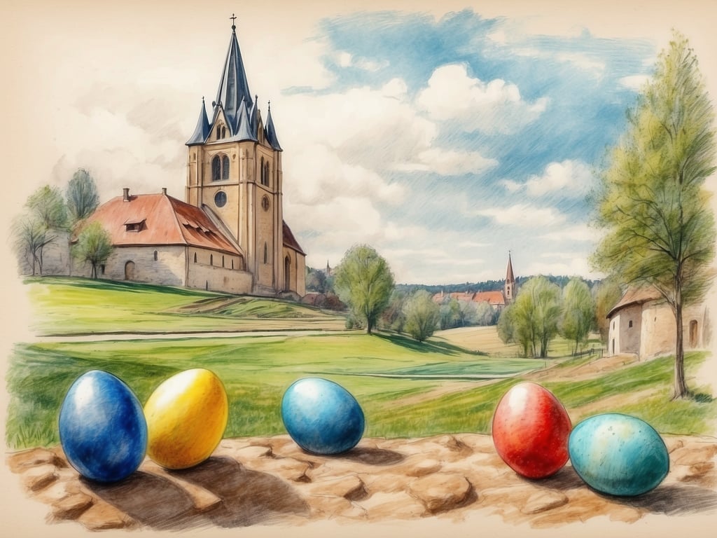 Auf dem Bild ist eine idyllische Landschaft mit einer Kirche im Hintergrund zu sehen. Im Vordergrund liegen farbige Ostereier in Blau, Gelb, Rot und Türkis. Die Szenerie vermittelt eine frühlingshafte Atmosphäre.

Die Osterferien in Niedersachsen 2024 beginnen am 25. März und enden am 6. April 2024.