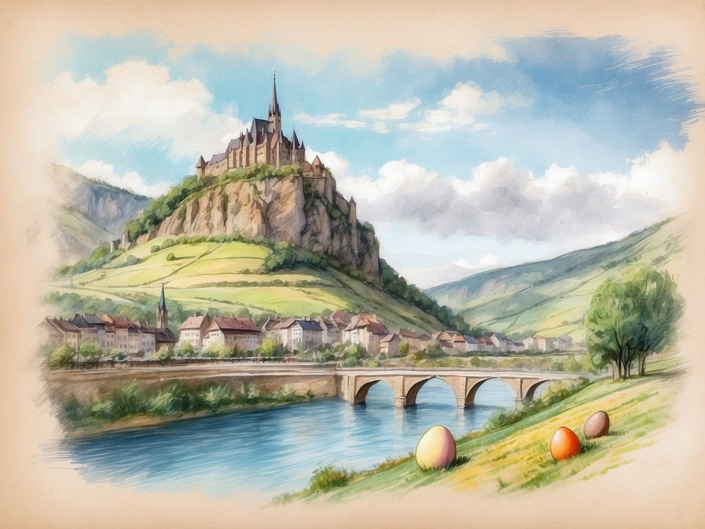 Das Bild zeigt eine malerische Landschaft mit einer Burg auf einem Hügel, einem Fluss im Vordergrund und ein paar bunten Ostereiern auf der Wiese. Die Szene vermittelt eine friedliche Frühlingsatmosphäre.

Die Osterferien in Rheinland-Pfalz 2024 sind vom 18. März bis zum 2. April.