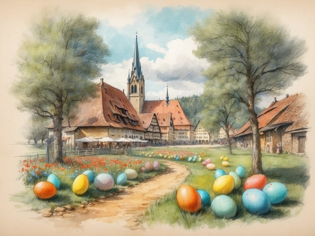 Auf dem Bild ist eine malerische Landschaft mit einem Dorf zu sehen, das von Bäumen und bunten Ostereiern umgeben ist. Im Hintergrund sind traditionelle Gebäude mit roten Dächern und einem Kirchturm sichtbar. Die Szenerie wirkt fröhlich und frühlingshaft, passend zur Osterzeit.

Die Osterferien in Sachsen 2024 sind vom 25. März bis zum 6. April.