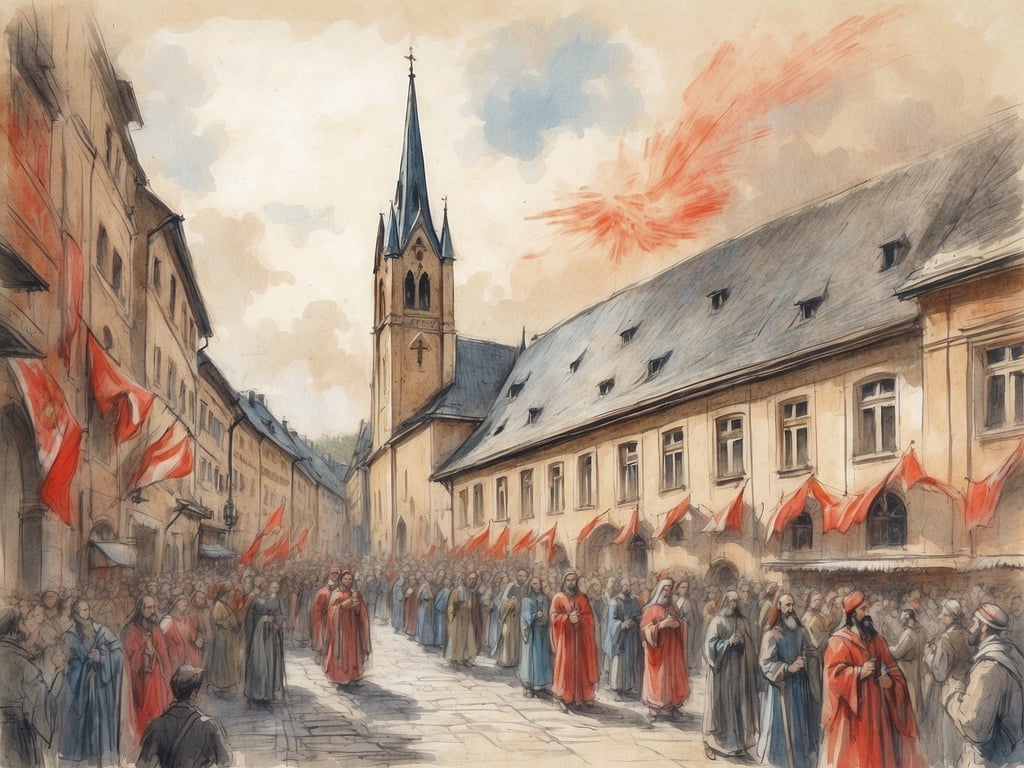 Auf dem Bild ist eine belebte Straße mit einer Menschenmenge zu sehen, die anscheinend an einer Veranstaltung oder Feierlichkeit teilnimmt. Die Menschen tragen farbige Gewänder, und es gibt zahlreiche Flaggen, die möglicherweise zur Dekoration gehören. Im Hintergrund ist ein kirchlicher Turm sichtbar, was auf eine religiöse oder kulturelle Bedeutung der Versammlung hindeuten könnte.

Die Pfingstferien im Saarland 2024 sind vom 18. Mai bis zum 26. Mai.