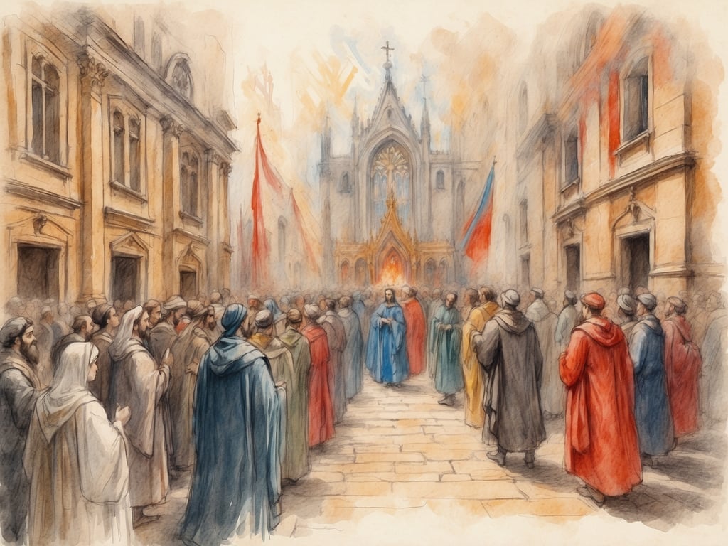 Auf dem Bild ist eine Menschenmenge zu sehen, die sich in einer historischen Stadt befindet, wahrscheinlich vor einer Kirche oder einem wichtigen Gebäude. Die Leute scheinen in feierlicher Versammlung zu sein, und einige tragen bunte Gewänder. Es gibt auch Flaggen, die auf eine besondere Veranstaltung oder Feier hinweisen könnten.

Die Pfingstferien in Brandenburg 2024 sind vom 18. Mai bis 22. Mai.